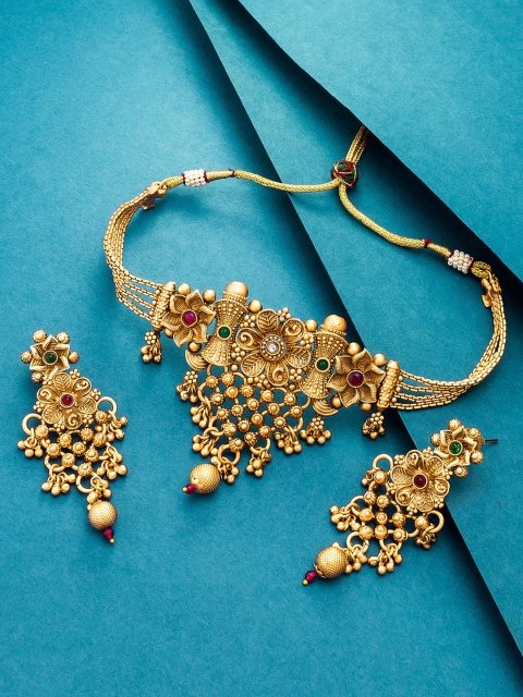 aadita Gold-Plated Pink & Green Pearl-Studded Temple Jewellery Set