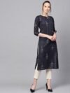AHIKA Women Navy Blue & Off-White Printed Straight Kurta