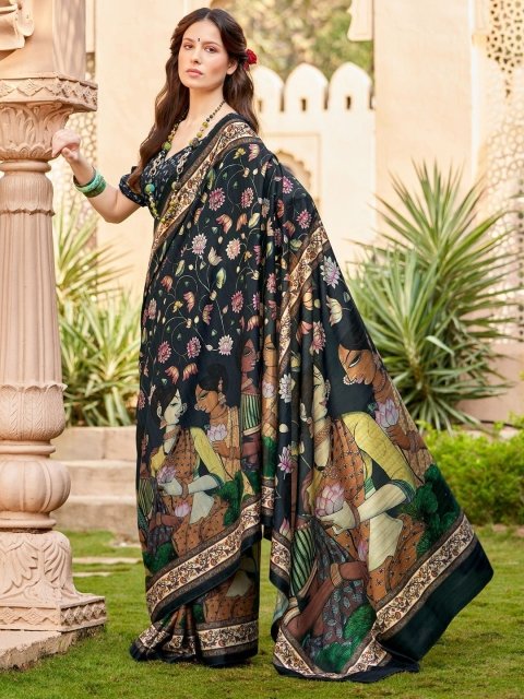 all about you Kalamkari Silk Blend Designer Baluchari Saree