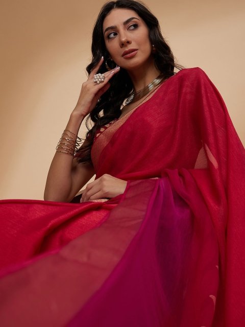 all about you Pink Floral Woven Design Zari Detailed Pure Chiffon Saree - Image 4