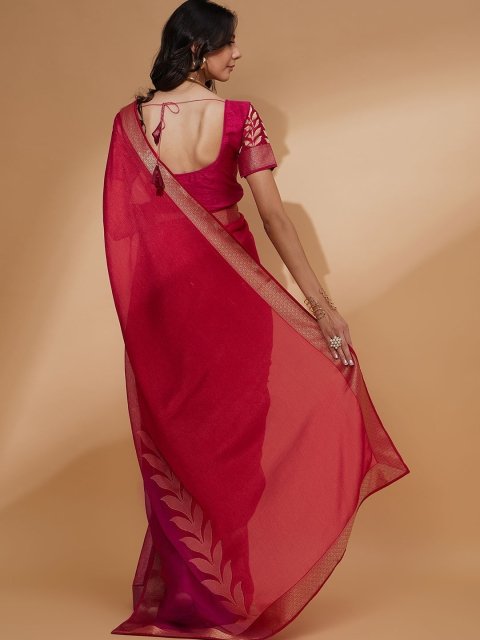 all about you Pink Floral Woven Design Zari Detailed Pure Chiffon Saree - Image 3