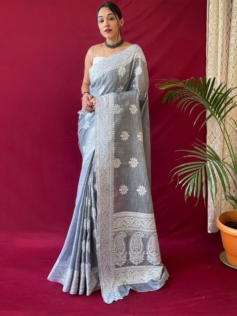 all about you Woven Design Pure Linen Kanjeevaram Saree
