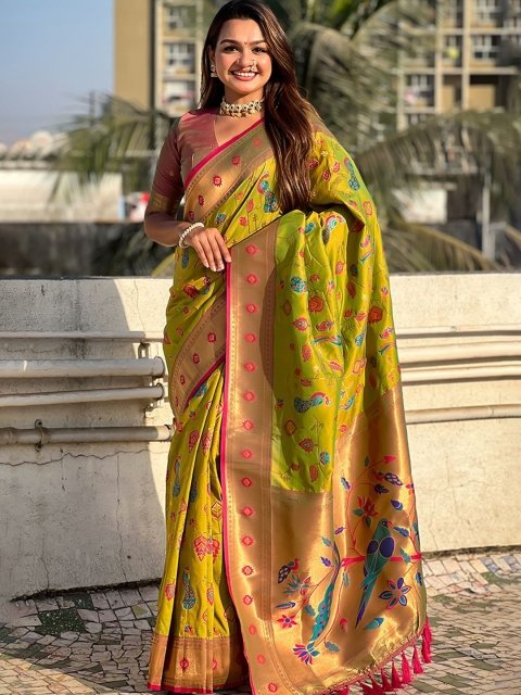 all about you Woven Design Zari Silk Blend Designer Paithani Saree