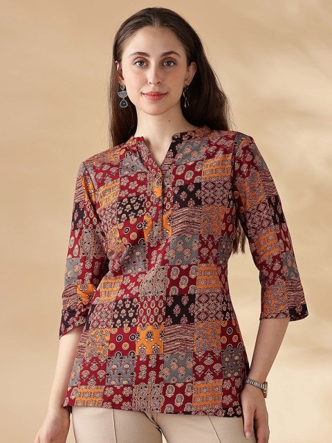 Nakshatra Ethnic Motifs Printed Mandarin Collar Pure Cotton Straight Kurti