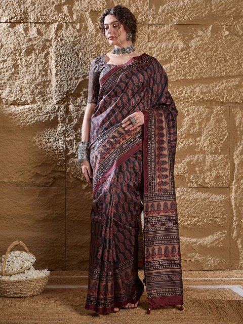 Mandara Ethnic Motifs Silk Blend Designer Bagru Saree