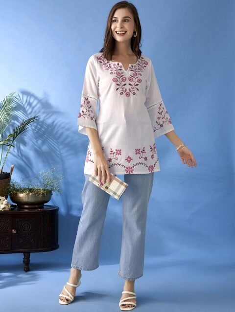 Anouk Floral Embroidered Thread Work Liva Thread Work Kurti