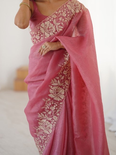 Mandara Floral Embroidered Tissue Saree - Image 4