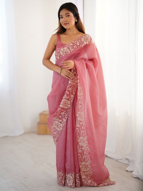 Mandara Floral Embroidered Tissue Saree