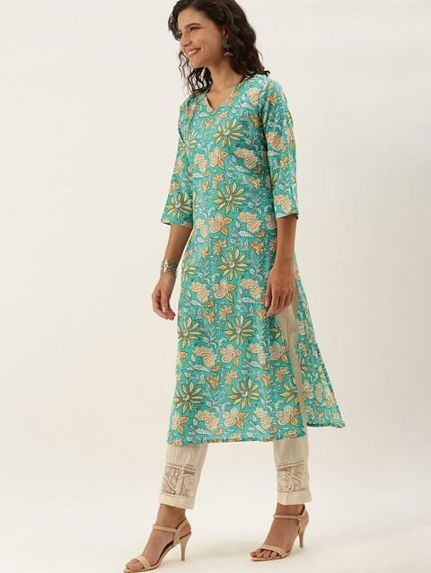 Anouk Women Green & Yellow Floral Printed Floral Kurta