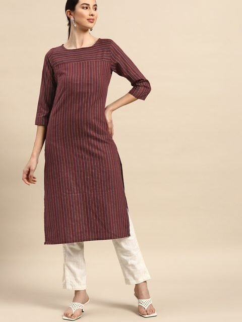 Anouk Women Maroon Striped Thread Work Yarn Dyed Kurta