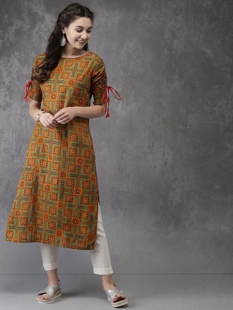 Anouk Women Orange & Green Printed Straight Kurta