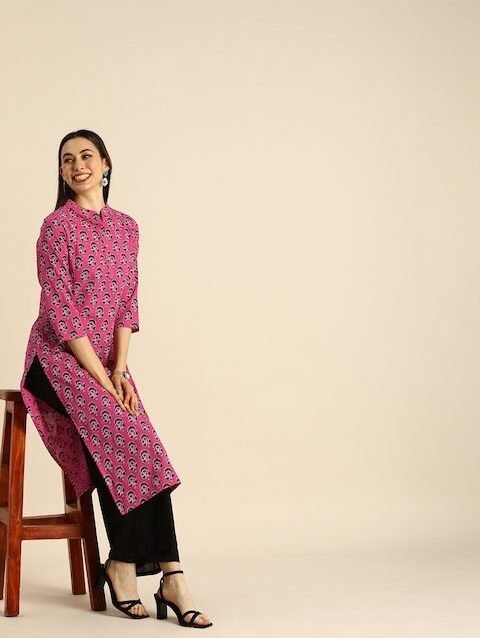 Anouk Women Pink & Black Ethnic Motifs Printed Kurta