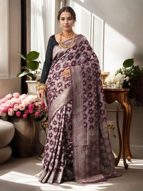 Mandara Woven Design Zari Linen Blend Saree