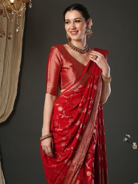 Mandara Woven Design Zari Pure Georgette Kanjeevaram Saree