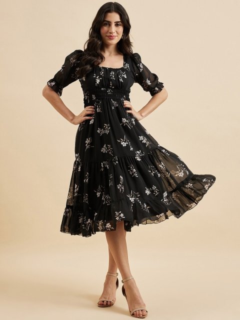 Azira Floral Print Square Neck Puff Sleeve Georgette Fit & Flare Midi Tiered Dress