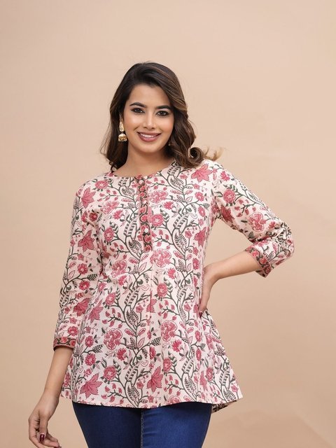 BAESD Floral Print Tie-Up Neck Cotton Top