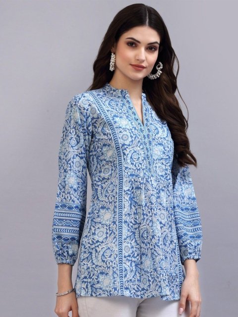 Nakshatra Women Floral Print Mandarin Collar Ethnic Cotton Longline Top