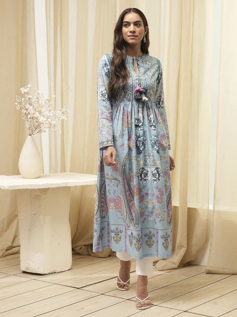 Nakshtra Paisely Printed Pleated Tie-Up Neck Pure Cotton Anarkali Kurta