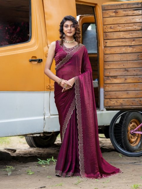 Branzios Beads and Stones Pure Chiffon Saree