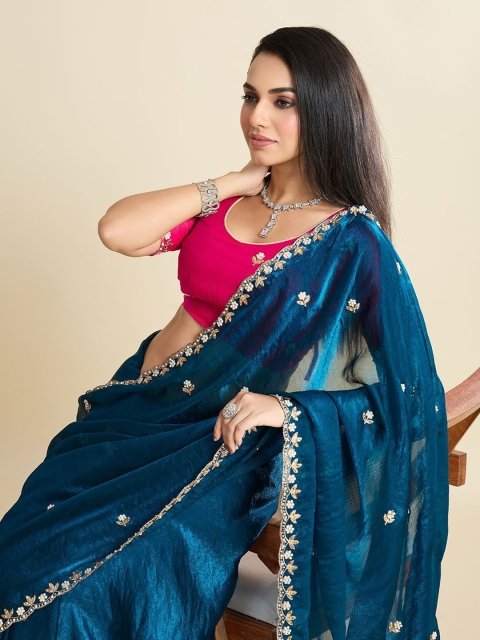 Branzios Embroidered Beads and Stones Satin Saree