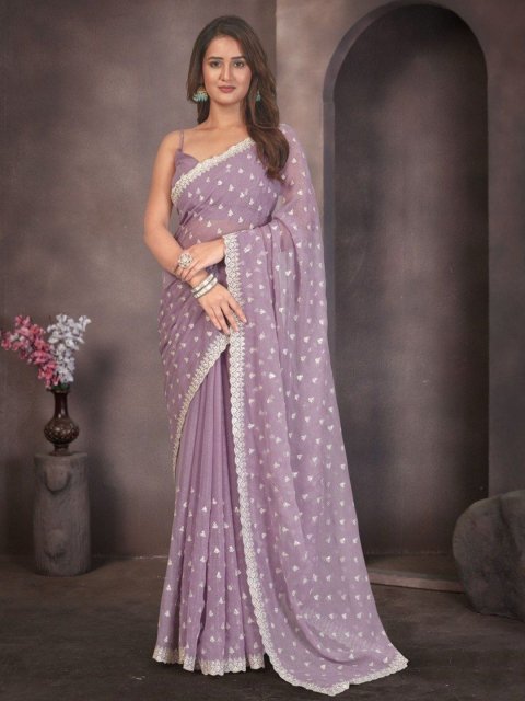 Branzios Ethnic Motifs Embellished Sequinned Pure Chiffon Saree