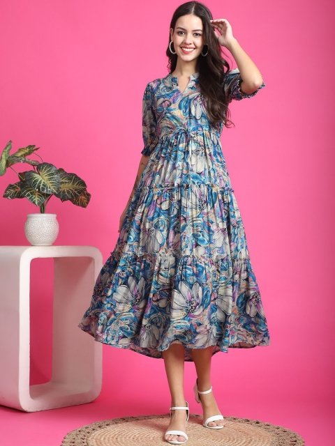 Claura Women Floral Print Mandarin Collar Short Sleeves Fit and Flare Midi Dress