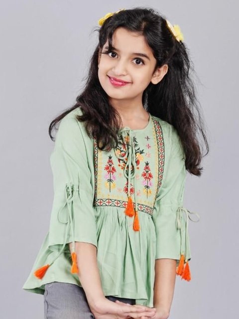 DMP FASHION Girl Floral Embellished Tie-Up Neck Bell Sleeve Top