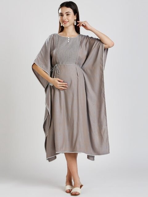 DUMMY SHAPE Striped Embroidered Maternity Kaftan Dress
