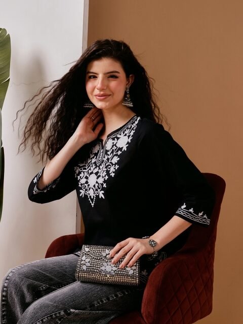 FEMBLISS Ethnic Floral Embroidered Notch Neck Pure Cotton Kurti