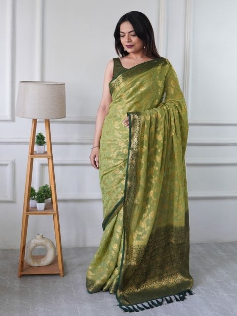 FLOURIOUS Woven Design Zari Pure Georgette Ready to Wear Banarasi Saree