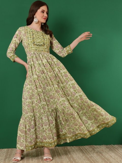 Nakshtra ROOTS Floral Printed Mirror Work Pleated Pure Cotton Anarkali Kurta