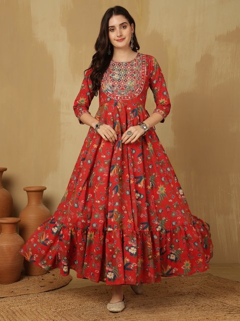 Nakshtra ROOTS Floral Printed Thread Work Cotton Tiered Anarkali Kurta