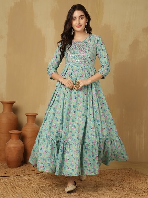 Nakshtra ROOTS Floral Printed Tiered Mirror Work Round Neck Pure Cotton Anarkali Kurta