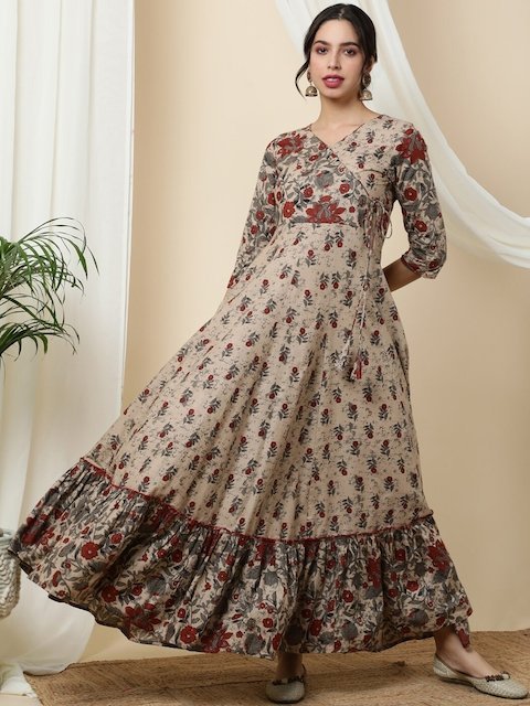 GULMOHAR JAIPUR Floral Thread Work Round Neck Cotton Anarkali Kurta