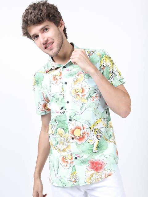 New Men Green Floral Printed Casual Shirt