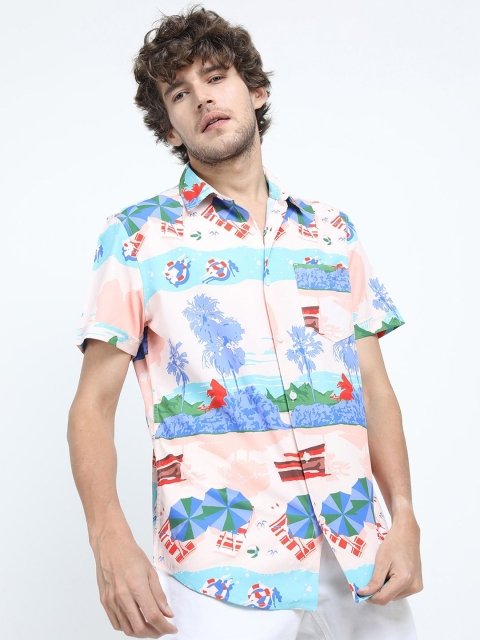 New Men Pink Slim Fit Floral Printed Casual Shirt