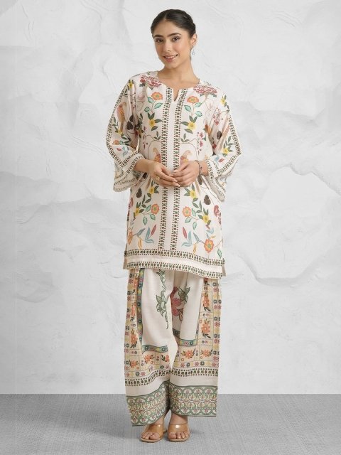 HOUSE OF KARI Bird & Floral Printed Round Neck Top With Palazzo Co-Ords