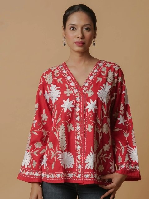 HOUSE OF KARI Floral Embroidered Thread Work Cotton Top