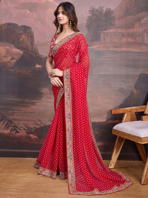 House of Pataudi Embroidered Bandhani Saree With Blouse Piece - Image 3