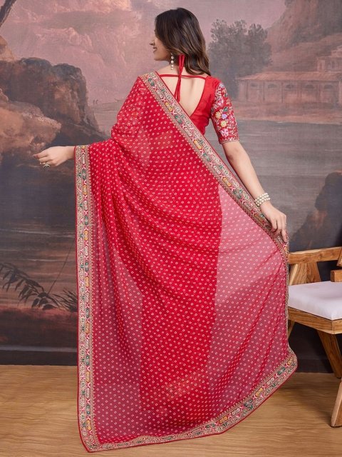 House of Pataudi Embroidered Bandhani Saree With Blouse Piece - Image 4