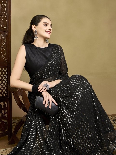 House of Pataudi Women Geometric Embroidered Sequinned Party Saree With Unstitched Blouse