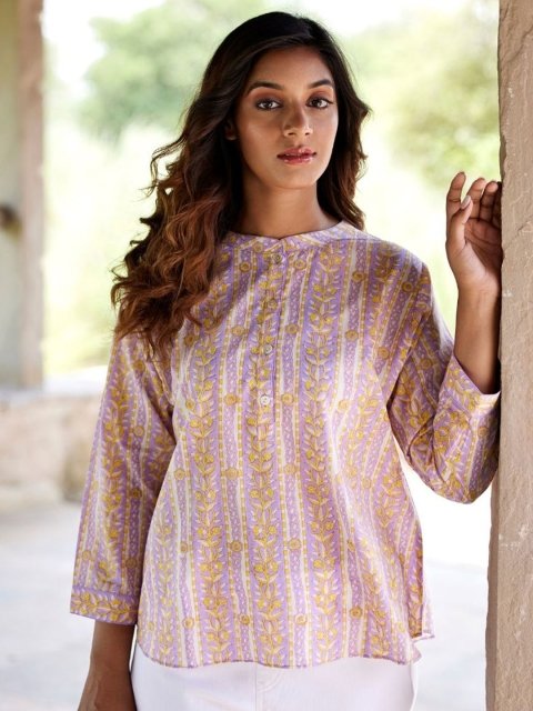 JAIPURRANG Women Floral Print Mandarin Collar Cotton Shirt Style Top