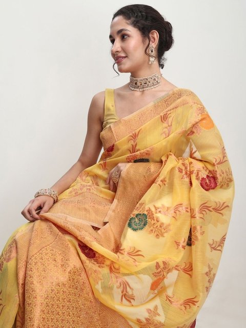 Janasya Women Yellow Linen Blend Floral Woven Design Jacquard Saree