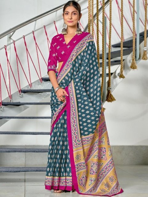Mandara Blue Cotton Blend Printed Sarees