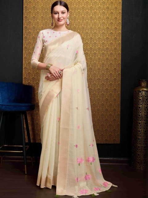 Mandara Cream Pure Cotton Sarees