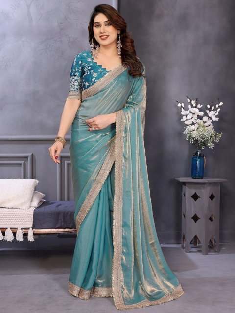 Mandara Embroidered Border Satin Saree with Matching Blouse Piece