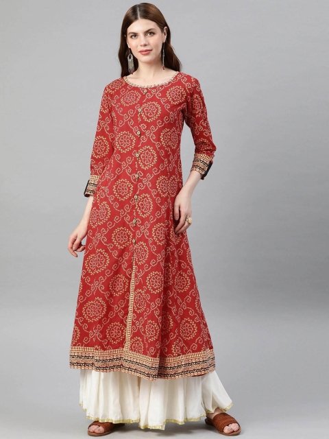Nakshtra Ethnic Motifs Bandhani Printed Round Neck Cotton Anarkali Kurta