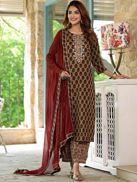MANDARA Floral Printed Pure Cotton Straight Kurta with Salwar & Dupatta