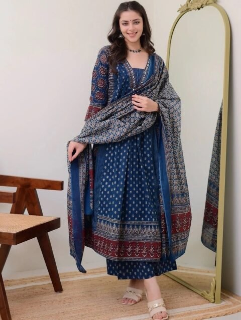 MANDARA Floral Printed V Neck Anarkali Kurta With Trousers & Dupatta