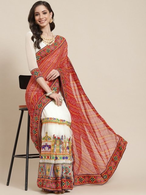 Mandara Kutchi Embroidery Pure Georgette Half and Half Bandhani Saree